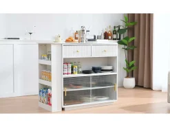 Móvel de bar de cozinha extensível - e rotação 360° - con tomada - con espaço de armazenamento e iluminação LED - con prateleiras laterais - Branco