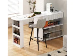 Móvel de bar de cozinha extensível - e rotação 360° - con tomada - con espaço de armazenamento e iluminação LED - con prateleiras laterais - Branco
