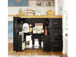 Móvel de bar extensível - pivotante - 228x39x104cm - con 2 portas e 3 gavetas - con prateleiras laterais - Preto