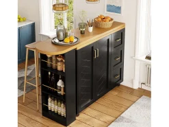 Móvel de bar extensível - pivotante - 228x39x104cm - con 2 portas e 3 gavetas - con prateleiras laterais - Preto