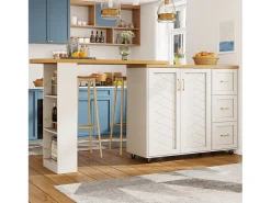 Móvel de bar extensível - pivotante - 228x39x104cm - con 2 portas e 3 gavetas - con prateleiras laterais - Branco