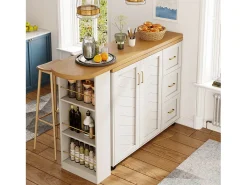 Móvel de bar extensível - pivotante - 228x39x104cm - con 2 portas e 3 gavetas - con prateleiras laterais - Branco