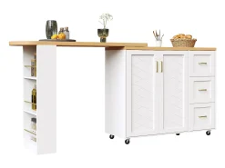 Móvel de bar extensível - pivotante - 228x39x104cm - con 2 portas e 3 gavetas - con prateleiras laterais - Branco