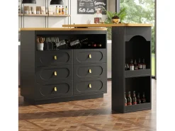 Móvel de bar extensível com rotação de 360° - Comprimento ajustável - com 6 gavetas - MDF - preto