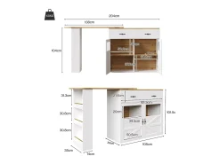 Móvel de bar giratório 360° e retrátil - com 1 gaveta e 2 portas - prateleiras abertas - branco + natural