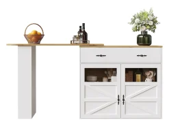 Móvel de bar giratório 360° e retrátil - com 1 gaveta e 2 portas - prateleiras abertas - branco + natural