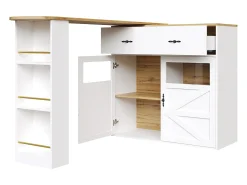 Móvel de bar giratório 360° e retrátil - com 1 gaveta e 2 portas - prateleiras abertas - branco + natural