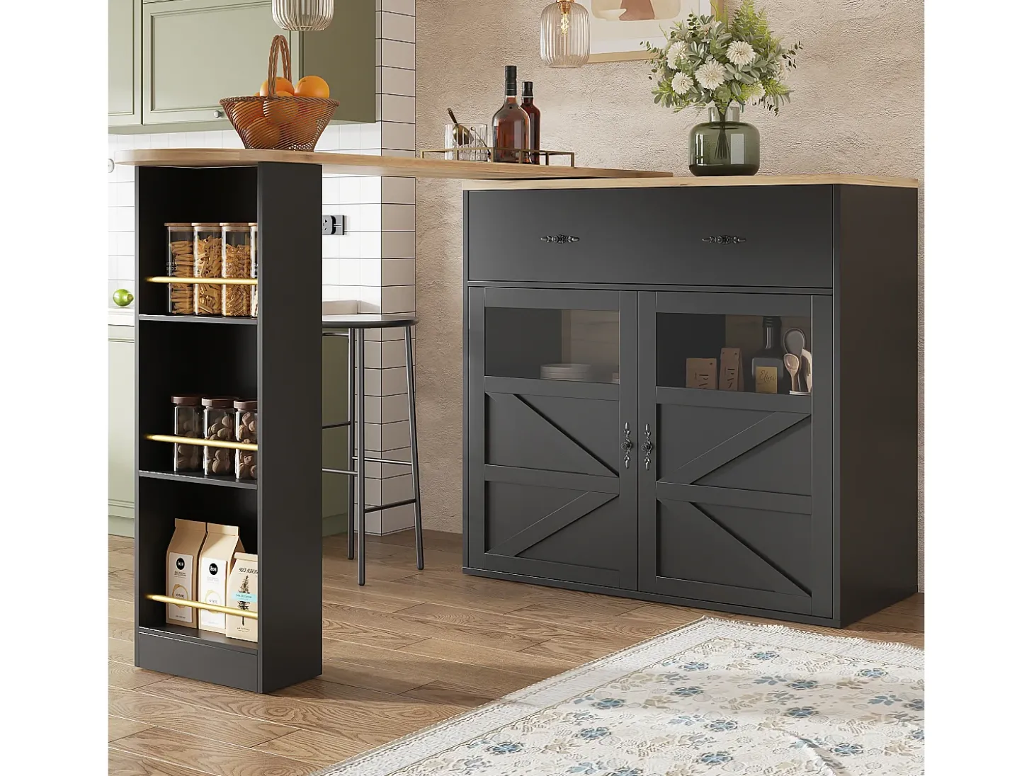 Móvel de bar giratório com 1 gaveta larga e 2 portas, prateleira lateral de três níveis incluída, preto - 204x39x104cm