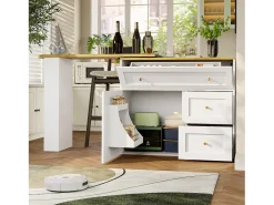 Móvel de bar giratório moderno 360° - 204×39×105 cm - 2 gavetas e 2 portas - com prateleiras laterais - mesa extensível - branco