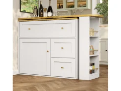Móvel de bar giratório moderno 360° - 204×39×105 cm - 2 gavetas e 2 portas - com prateleiras laterais - mesa extensível - branco