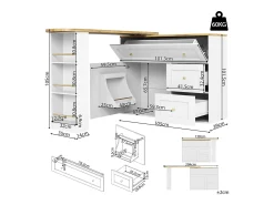 Móvel de bar giratório moderno 360° - 204×39×105 cm - 2 gavetas e 2 portas - com prateleiras laterais - mesa extensível - branco
