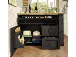 Móvel de bar giratório moderno 360° - 204×39×105 cm - 2 gavetas e 2 portas - com prateleiras laterais - mesa extensível - preto