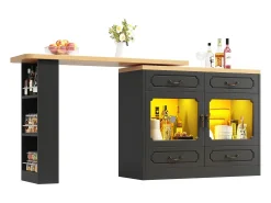 Móvel de bar moderno rotativo 360° - com LED - 203x39x93 cm - 4 gavetas e 2 portas - com prateleiras laterais - preto