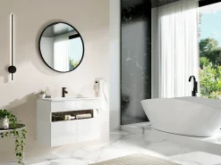 Móvel de casa de banho com lavatório e LEDs branco e preto efeito mármore L80 cm - POZEGA