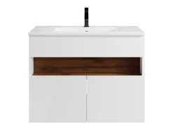 Móvel de casa de banho com LEDs, lavatório encastrar branco e natural escuro, 80 cm POZEGA