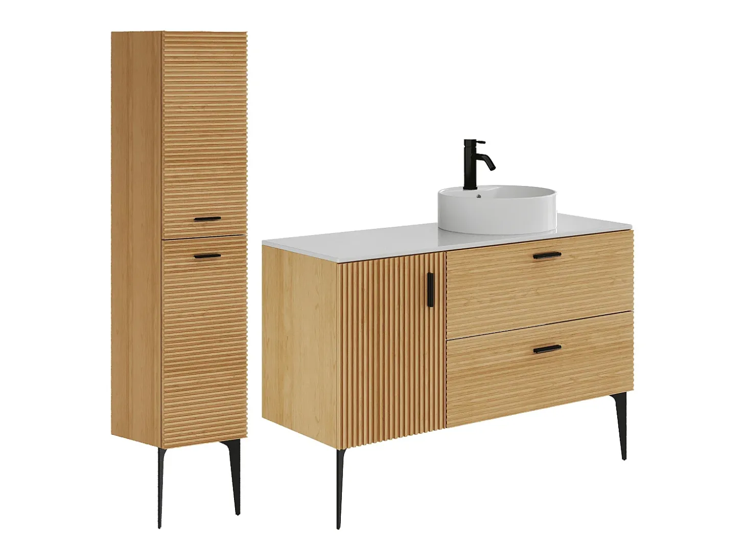 Móvel de casa de banho com pés, com lavatório redondo de pousar e coluna - 120 cm - SARONE