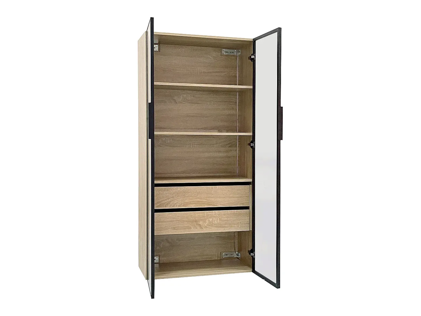 Móvel de casa de banho com 2 portas de vidro e 2 gavetas ocultas, LED incluído, corpo em MDF natural claro - 74x36x155cm