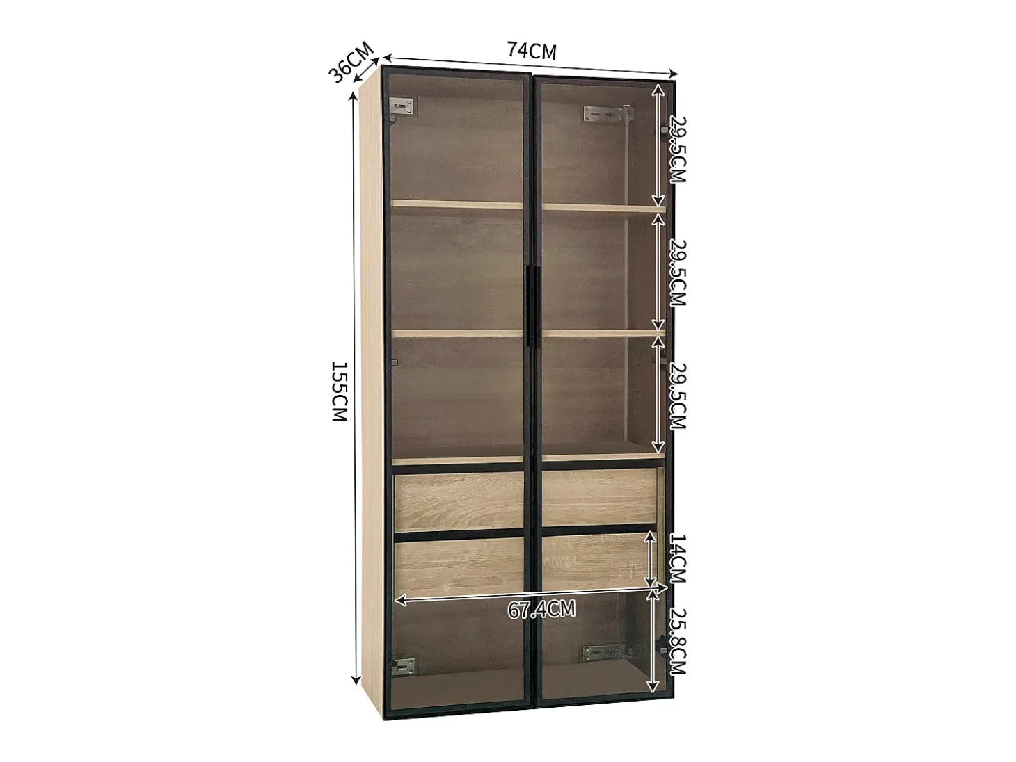Móvel de casa de banho com 2 portas de vidro e 2 gavetas ocultas, LED incluído, corpo em MDF natural claro - 74x36x155cm