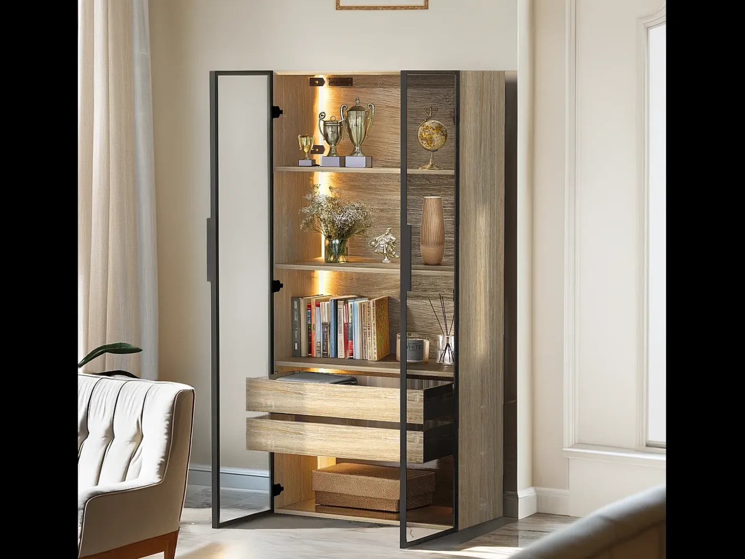Móvel de casa de banho com 2 portas de vidro e 2 gavetas ocultas, LED incluído, corpo em MDF natural claro - 74x36x155cm