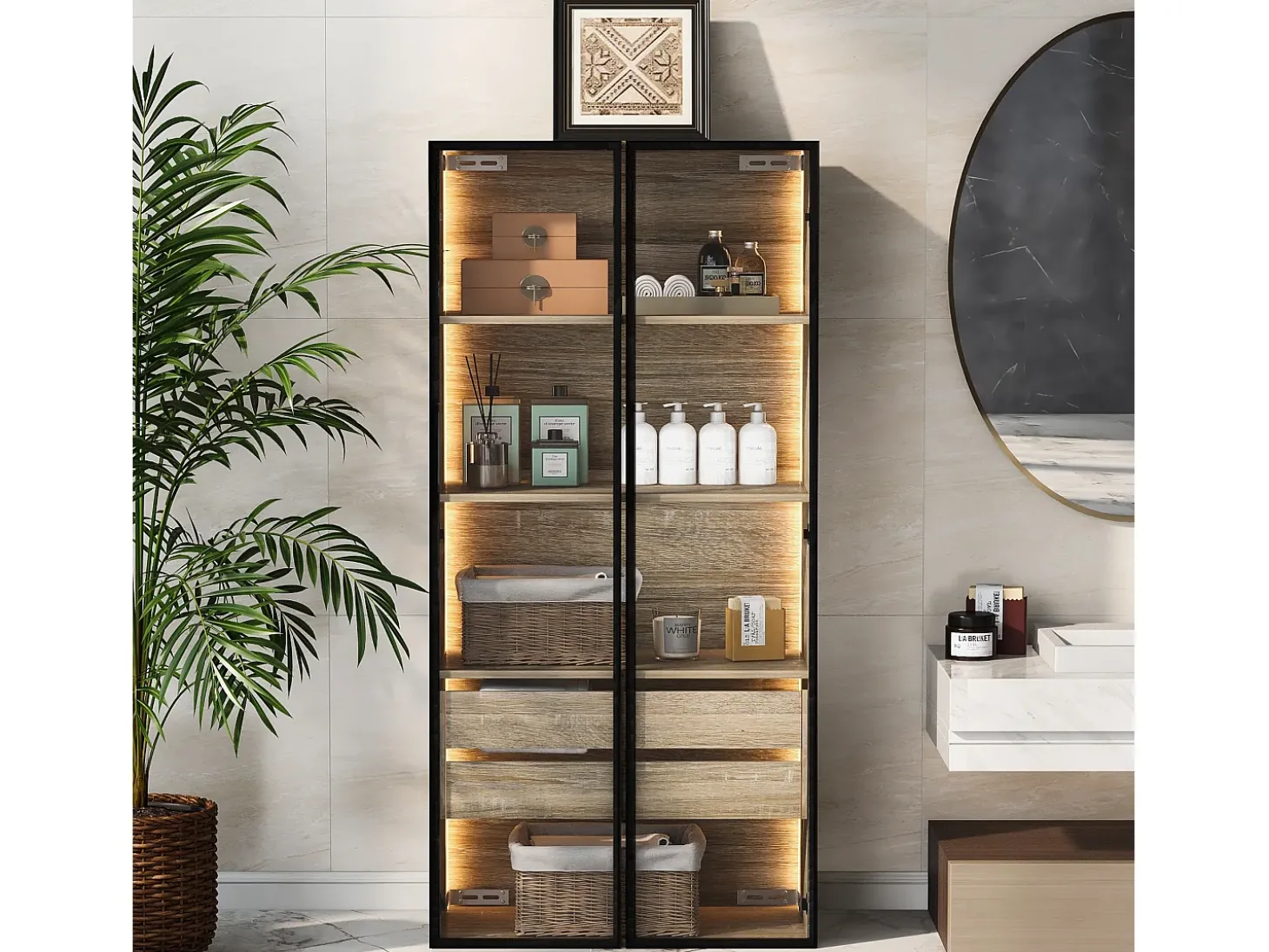 Móvel de casa de banho com 2 portas de vidro e 2 gavetas ocultas, LED incluído, corpo em MDF natural claro - 74x36x155cm