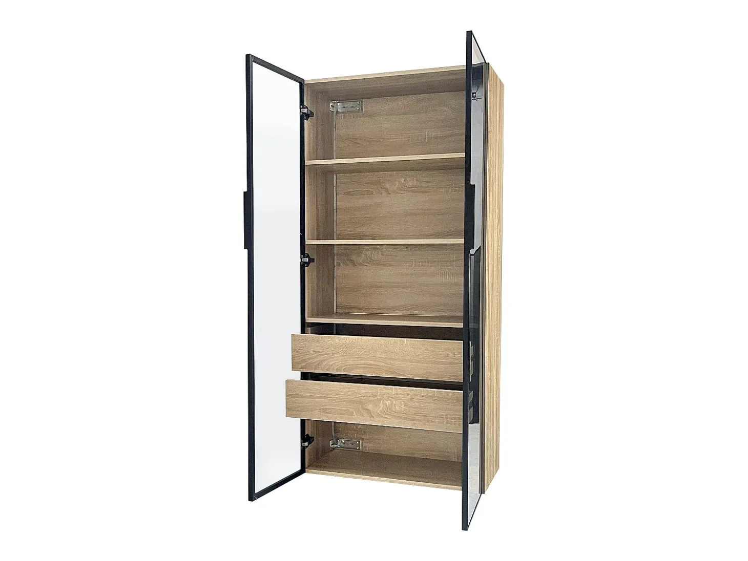 Móvel de casa de banho com 2 portas de vidro e 2 gavetas ocultas, LED incluído, corpo em MDF natural claro - 74x36x155cm