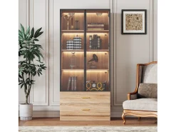 Móvel de casa de banho com 2 portas de vidro e 2 gavetas, LED incluído, corpo natural claro - 75x34,5x170cm