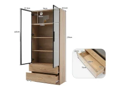 Móvel de casa de banho com 2 portas de vidro e 2 gavetas, LED incluído, corpo natural claro - 75x34,5x170cm