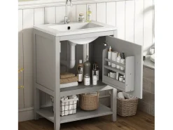 Móvel de casa de banho com lavatório simples - 1 prateleira aberta e 1 porta - 61 x 47 x 87 cm - Madeira MDF - Cinza claro