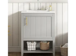 Móvel de casa de banho com lavatório simples - 1 prateleira aberta e 1 porta - 61 x 47 x 87 cm - Madeira MDF - Cinza claro