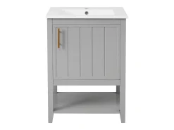 Móvel de casa de banho com lavatório simples - 1 prateleira aberta e 1 porta - 61 x 47 x 87 cm - Madeira MDF - Cinza claro