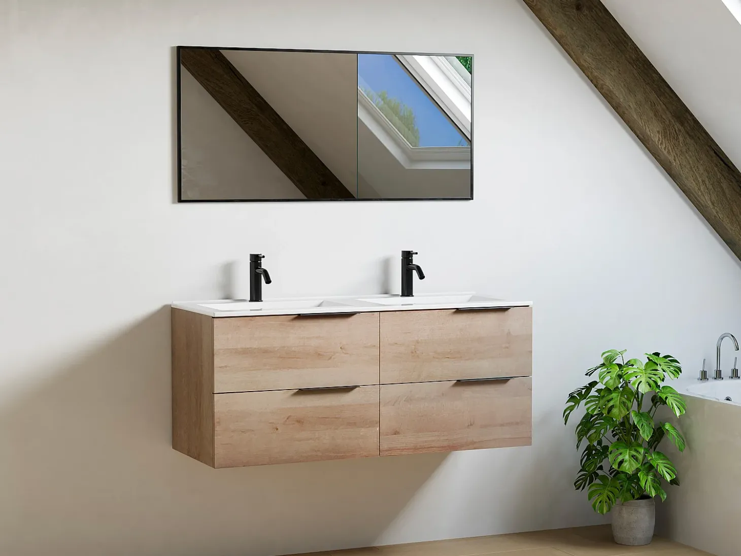Móvel de casa de banho com lavatório dupla - Cor natural claro - 120 cm - NISAYA