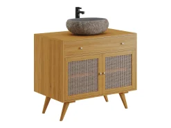 Móvel de casa de banho em teca e empalhado com lavatório de pedra cinza 90 cm MANSULAN