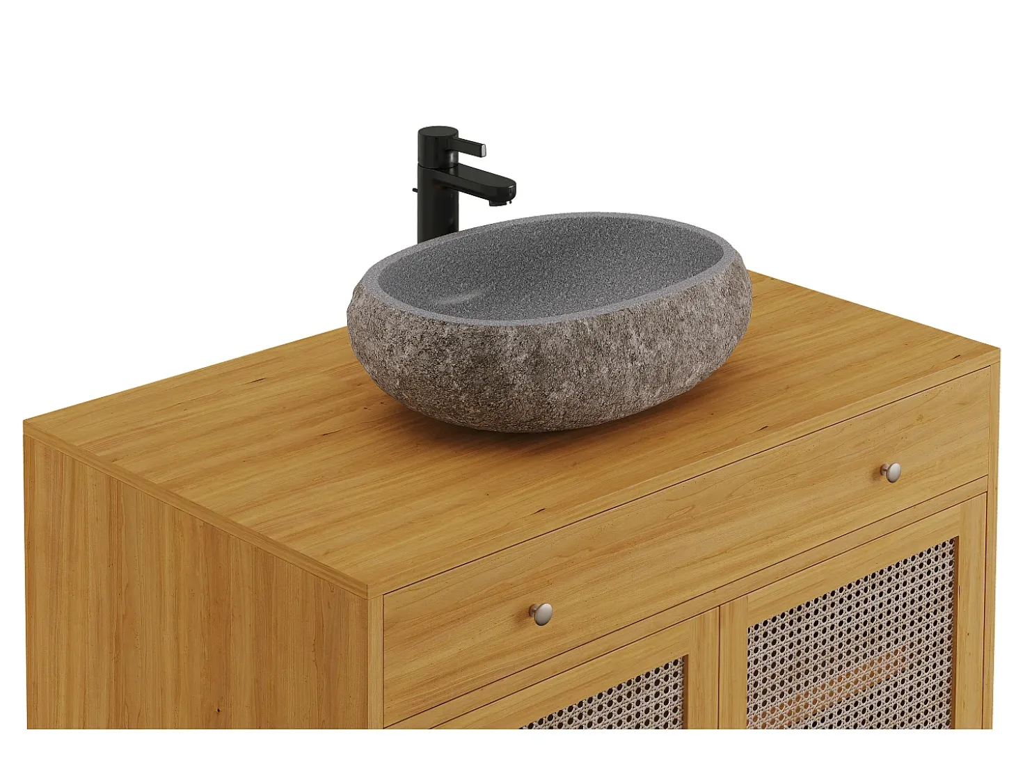 Móvel de casa de banho em teca e empalhado com lavatório de pedra cinza 90 cm MANSULAN