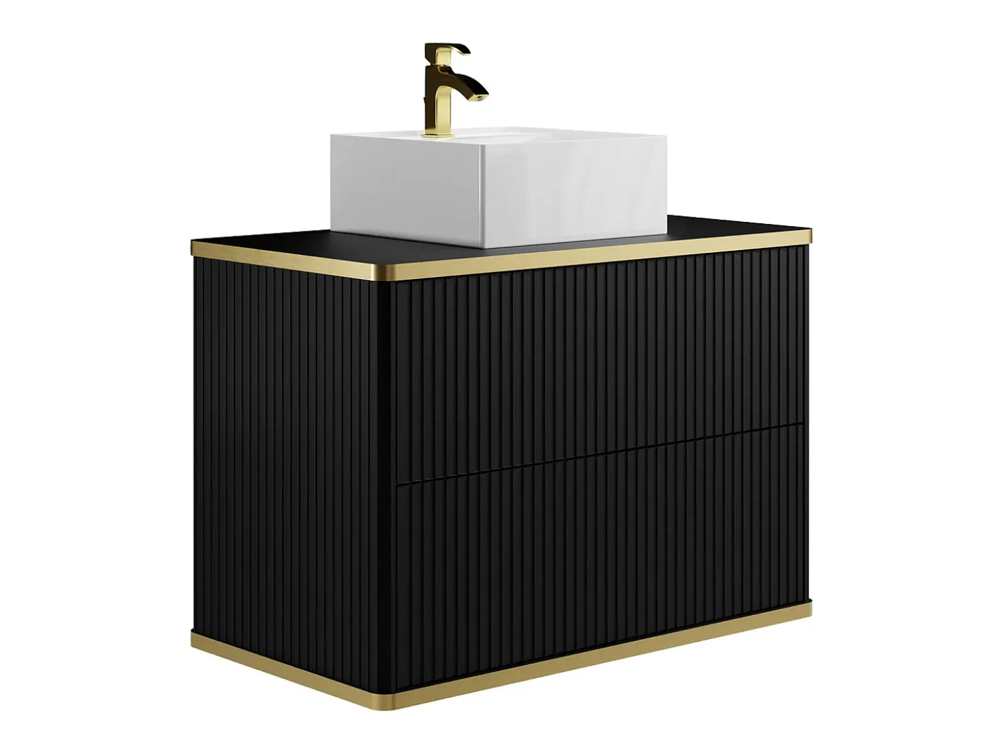 Móvel de casa de banho estriado com borda dourada, lavatório de pousar, preto 80 cm KELIZA