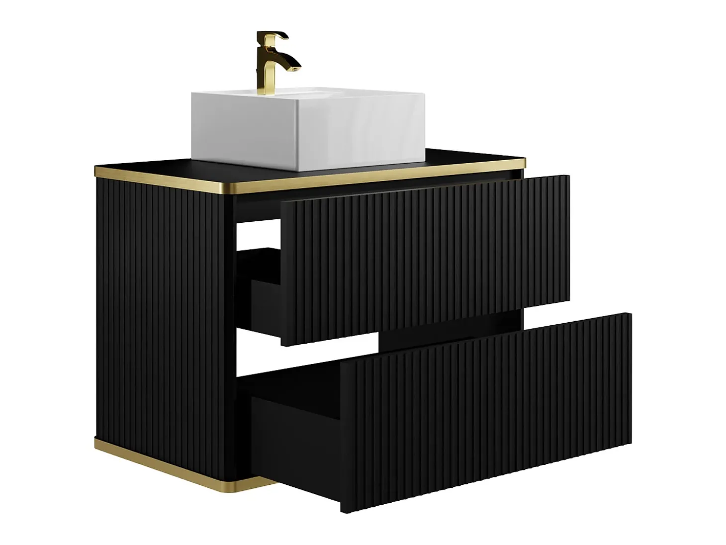 Móvel de casa de banho estriado com borda dourada, lavatório de pousar, preto 80 cm KELIZA
