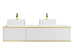 Móvel de casa de banho estriado branco com contorno dourado, lavatório duplo de pousar, 150 cm, KELIZA