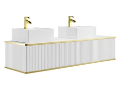 Móvel de casa de banho estriado branco com contorno dourado, lavatório duplo de pousar, 150 cm, KELIZA