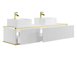 Móvel de casa de banho estriado branco com contorno dourado, lavatório duplo de pousar, 150 cm, KELIZA