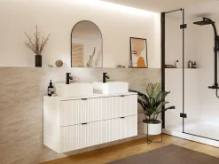 Móvel de casa de banho estriado com lavatório de pousar quadrado, branco mate, 120 cm, ZEVINI