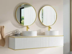 Móvel de casa de banho estriado branco com debrum dourado, lavatório duplo pousar, 150 cm, KELIZA
