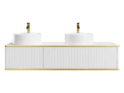 Móvel de casa de banho estriado branco com debrum dourado, lavatório duplo pousar, 150 cm, KELIZA