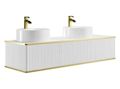 Móvel de casa de banho estriado branco com debrum dourado, lavatório duplo pousar, 150 cm, KELIZA