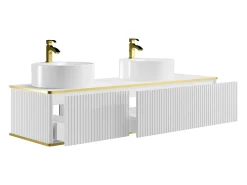 Móvel de casa de banho estriado branco com debrum dourado, lavatório duplo pousar, 150 cm, KELIZA