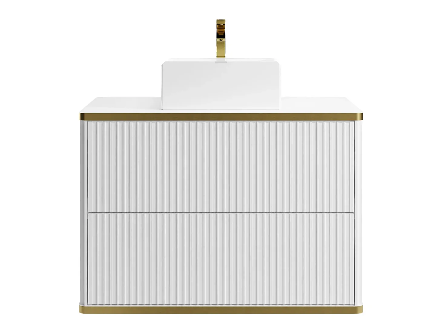 Móvel de casa de banho estriado com borda dourada e lavatório de pousar, branco, KELIZA