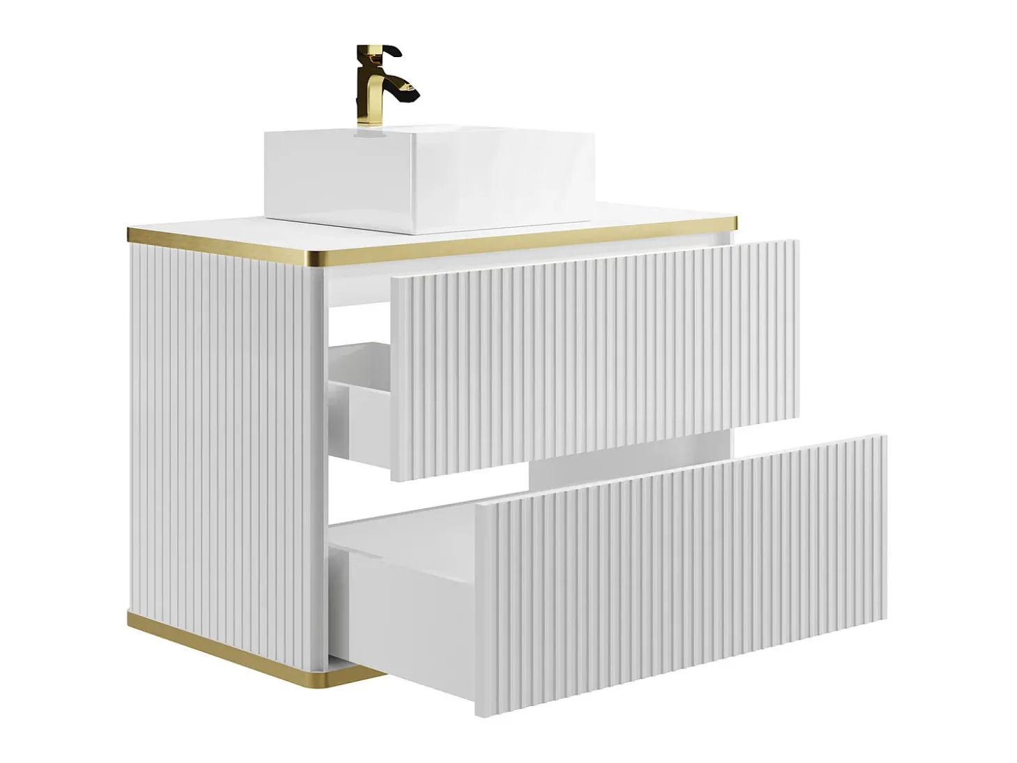 Móvel de casa de banho estriado com borda dourada e lavatório de pousar, branco, KELIZA