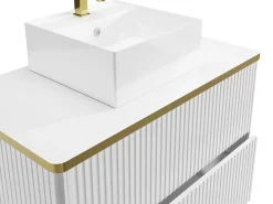 Móvel de casa de banho estriado com borda dourada e lavatório de pousar, branco, KELIZA