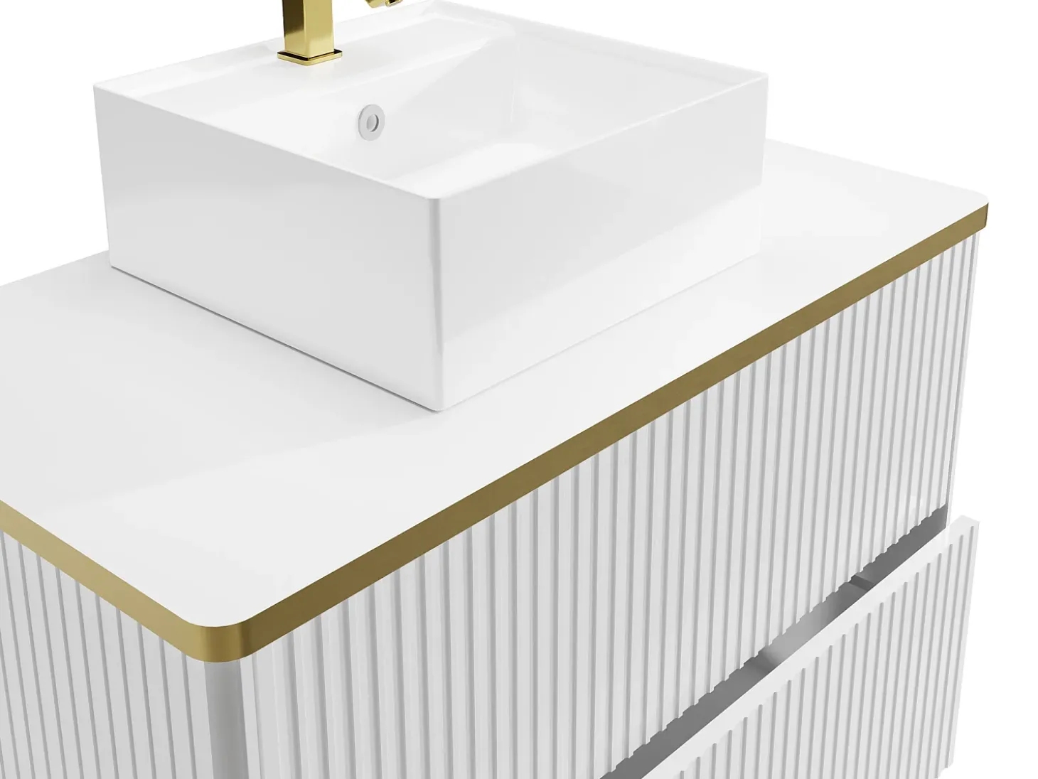 Móvel de casa de banho estriado com borda dourada e lavatório de pousar, branco, KELIZA