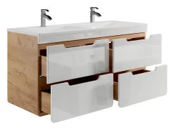 Móvel de casa de banho lavatório duplo cor natural e branco com colunas C120 cm ARUBA