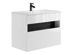 Móvel de casa de banho LEDs, lavatório de encastrar, branco e preto mármore, 80 cm, POZEGA