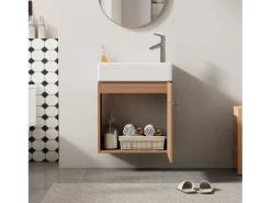 Móvel de casa de banho suspenso estriado com lavatório quadrado - 46 cm - Natural (torneira não incluída)